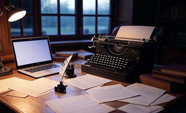 Typewriter, laptop and quill 600w
