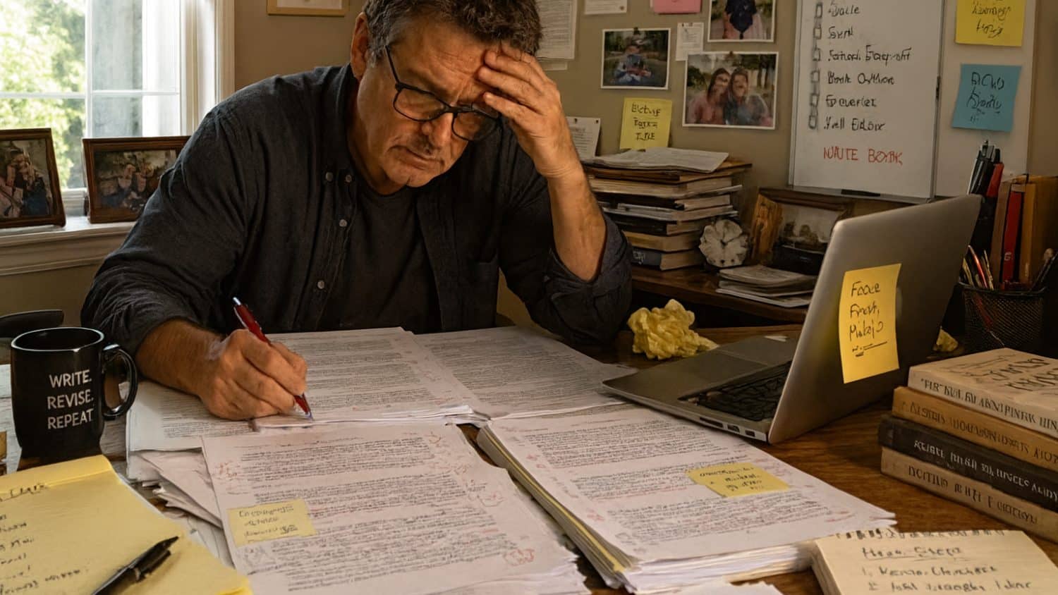 Writer at Desk with Marked Up Manuscript 500w