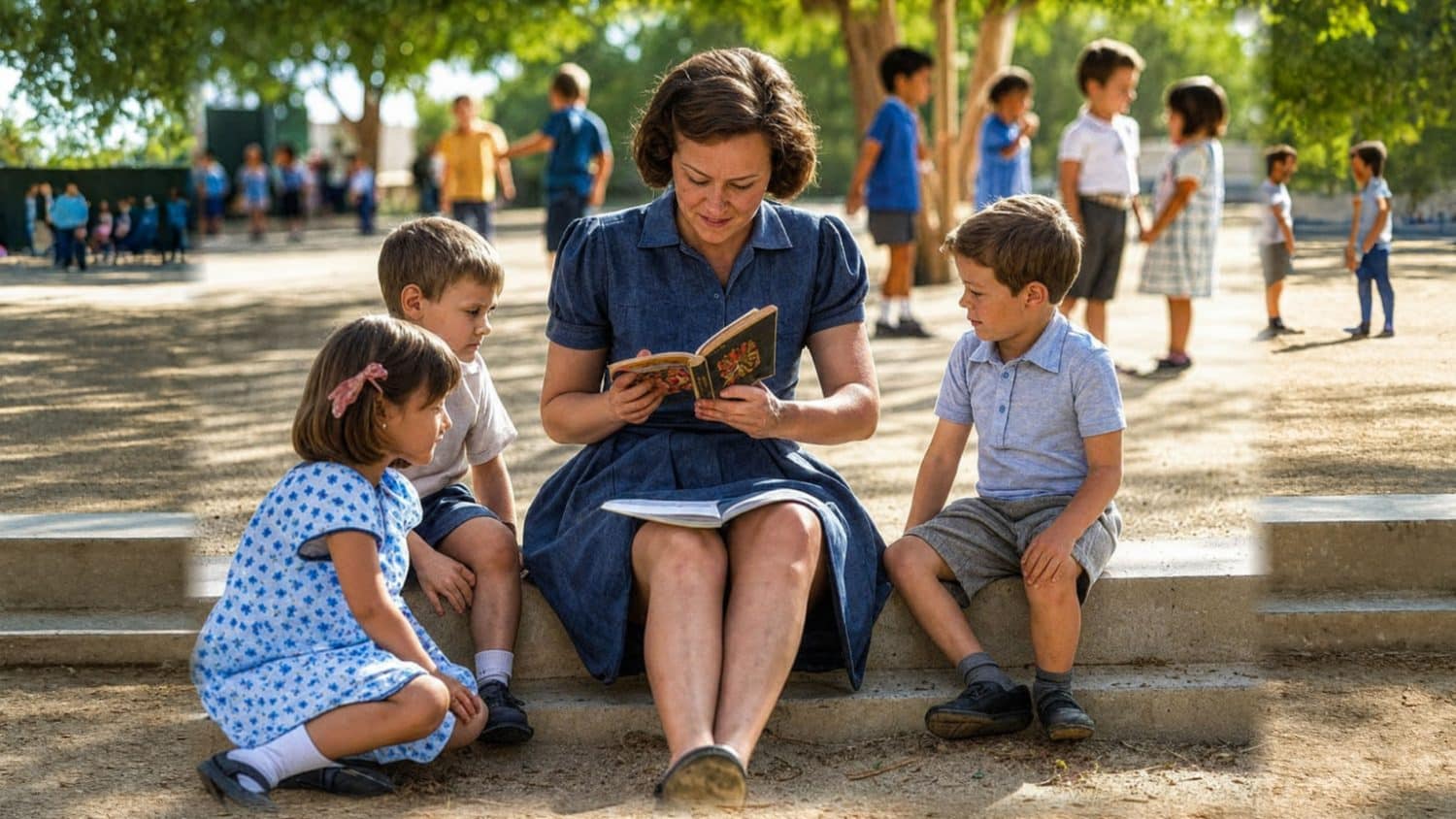 Kids around teacher